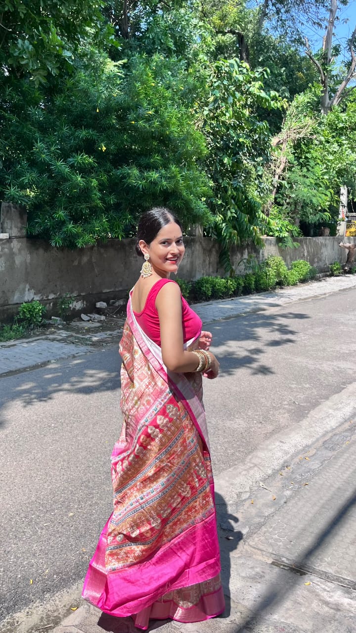 Latest Dola silk digital printed saree with vibrant patterns. Includes matching blouse piece.