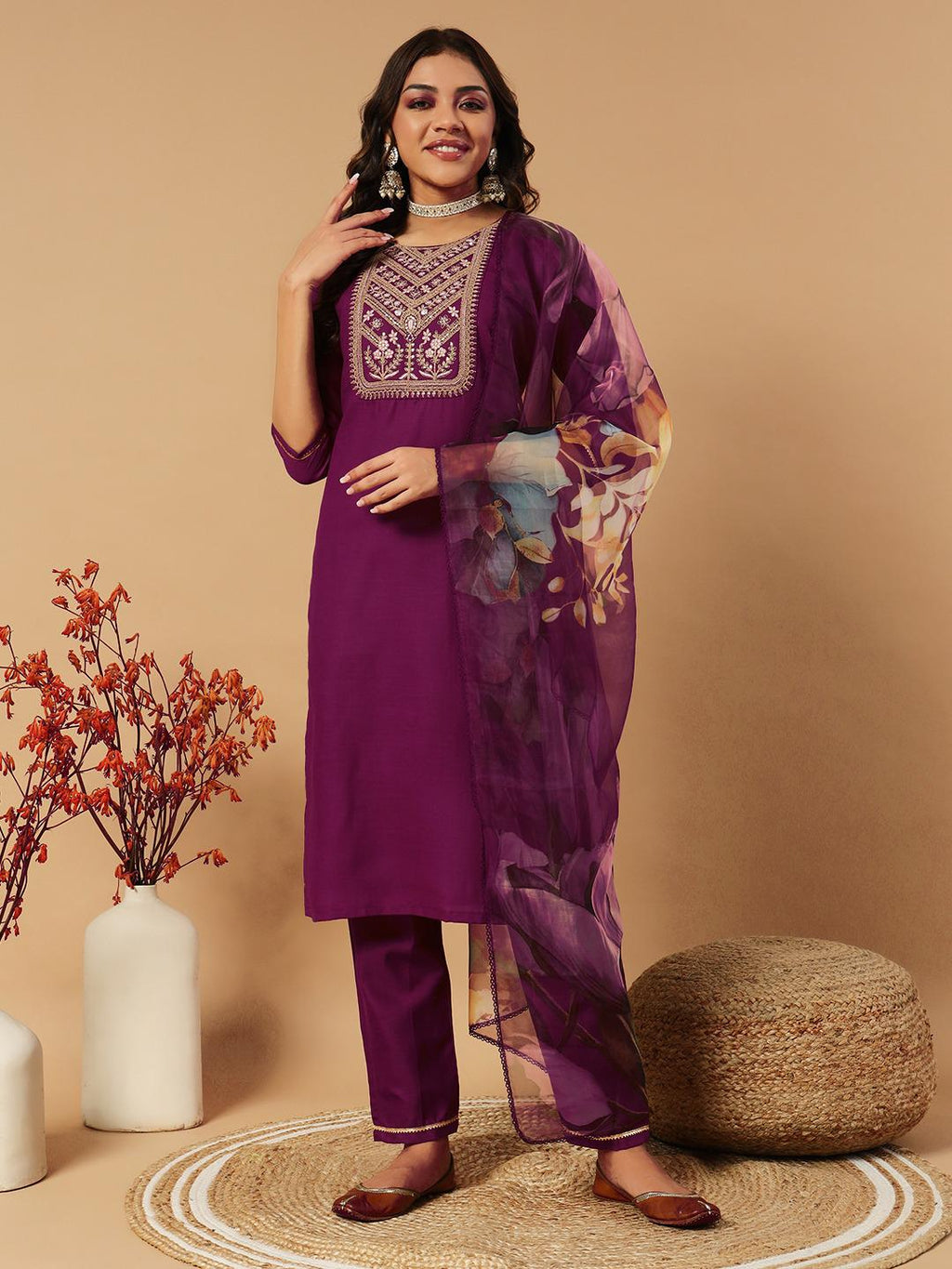 Elegant Kurti Pant Dupatta Set - New Designers Collection wine