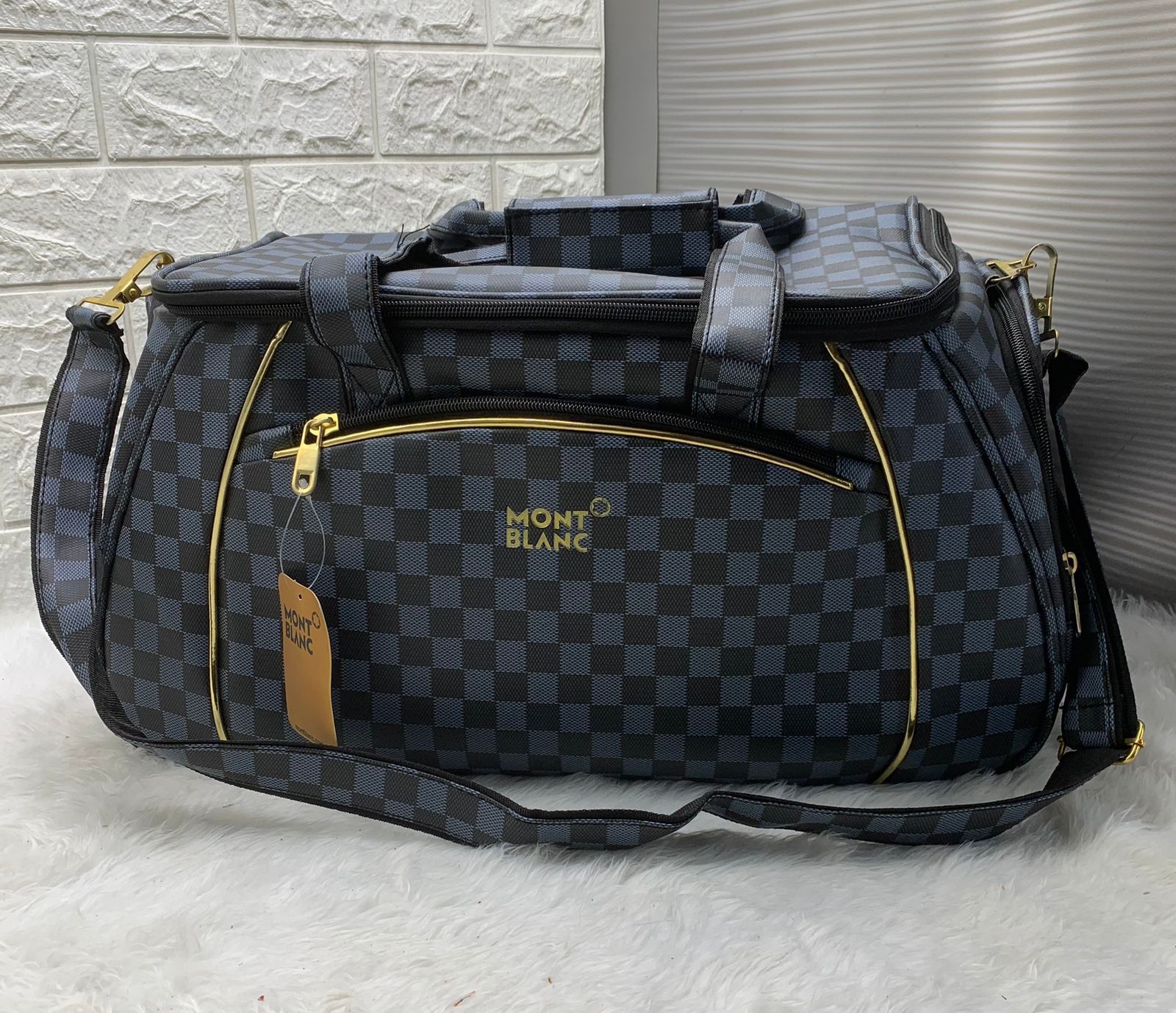 Checkered Pattern Trendy Duffle Travel Bag for Unisex - Printed, Zipper Closure, Adjustable Strap (20x10x10.5 Inches) Brown Blue