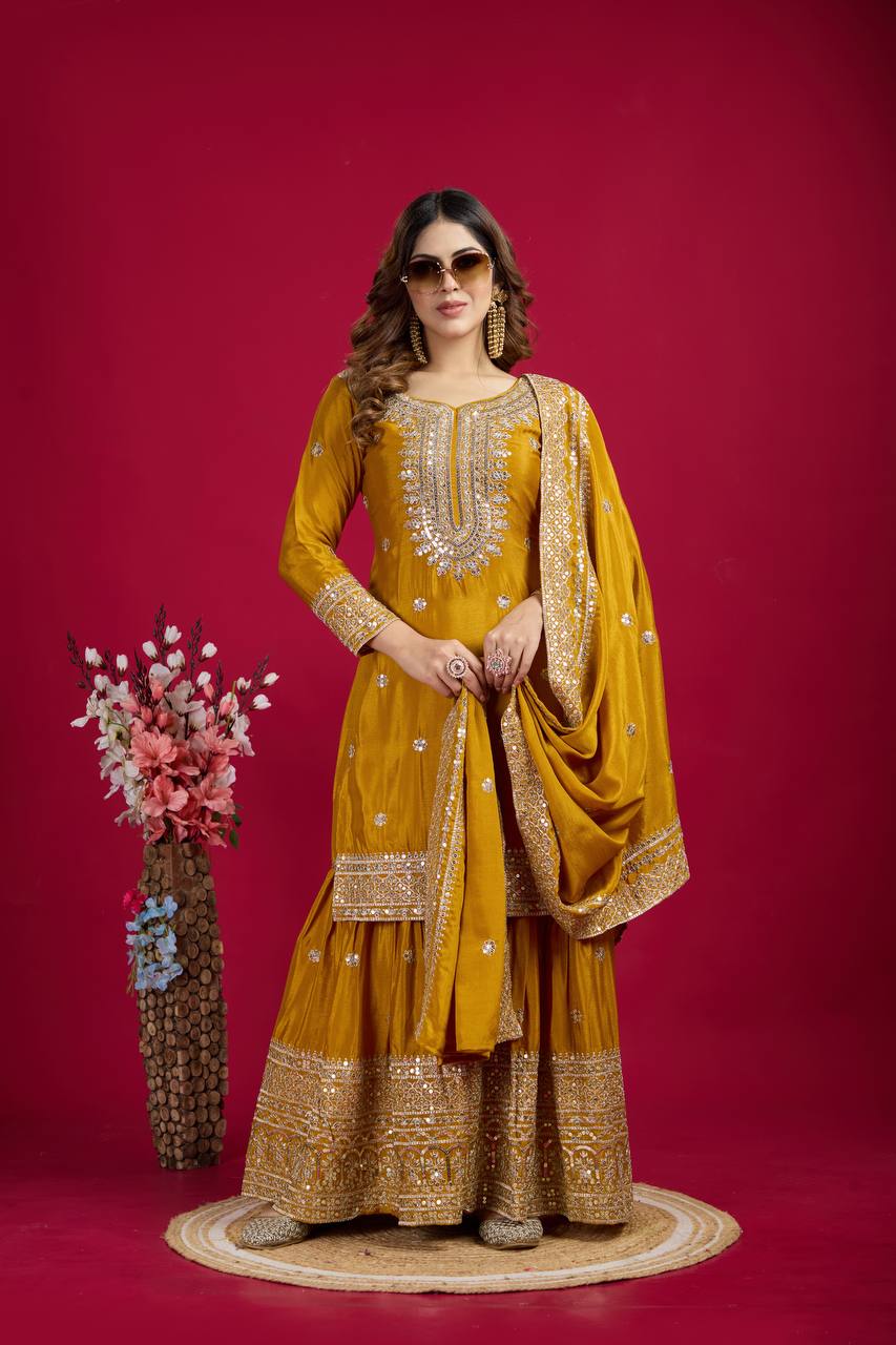Chinnon Silk Top Plazo and Dupatta Set with Heavy Embroidery Sequence Work