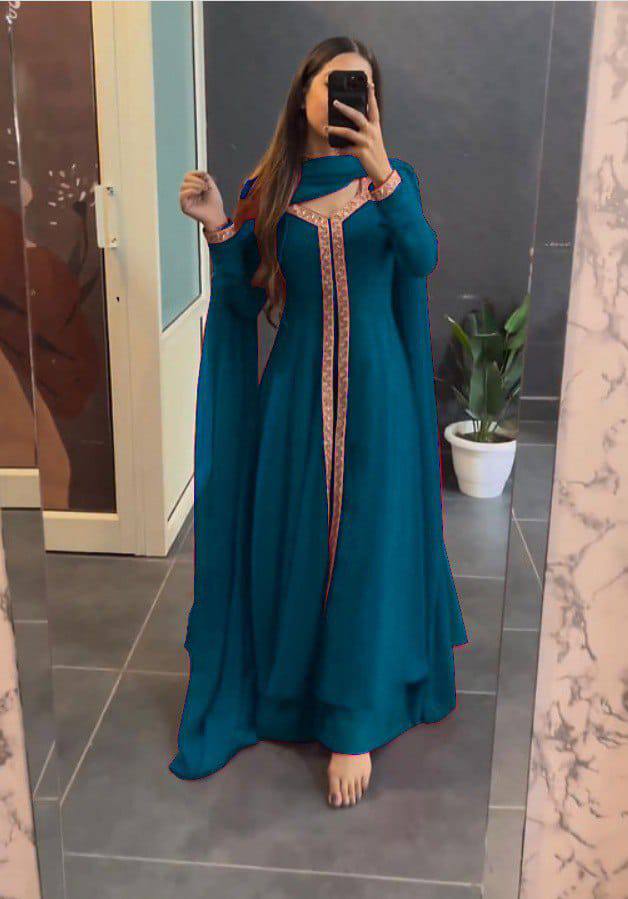 Fox Georgette Embroidered Gown Set with Dupatta and Bottom Green