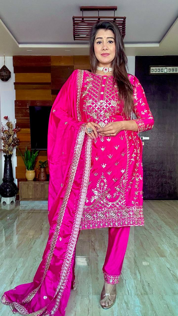 Pure Cinon Silk Top-Plazo and Dupatta Set with Heavy Embroidery Sequence Work