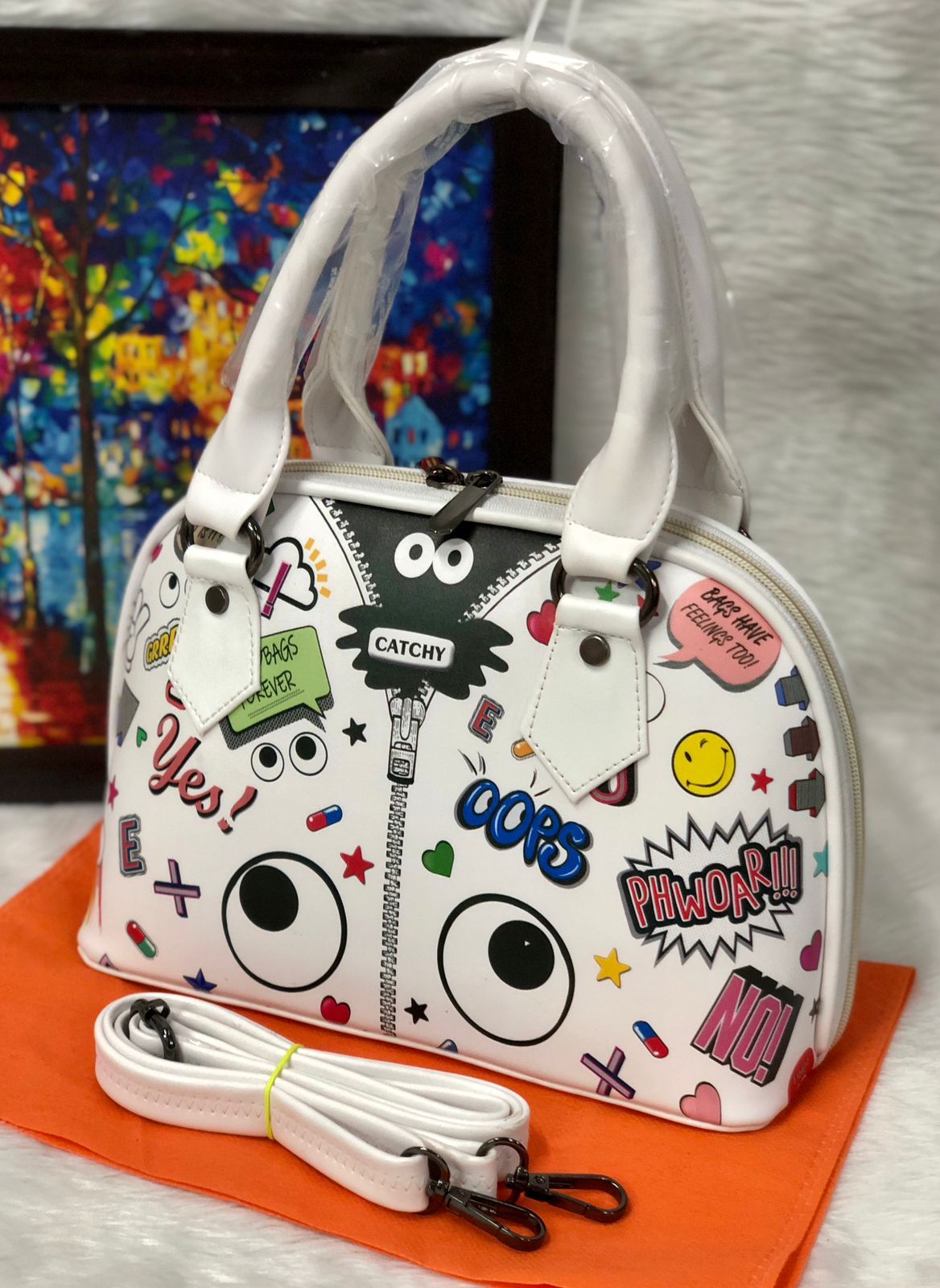 Shop the Eye Theme Printed Leather Sling Handbag - Stylish and Functional White