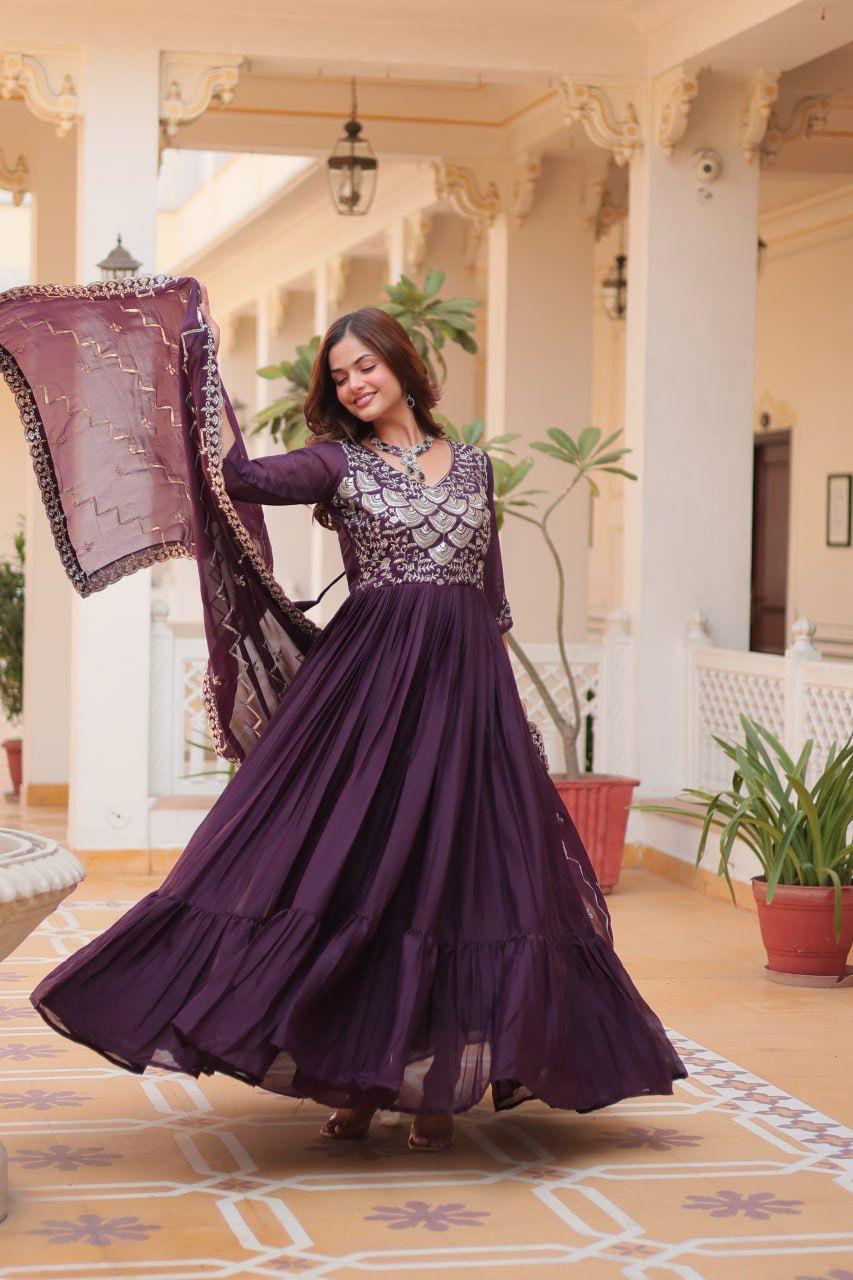 Elegant Festival Long Gown with Dupatta - Pure Star Georgette Purple