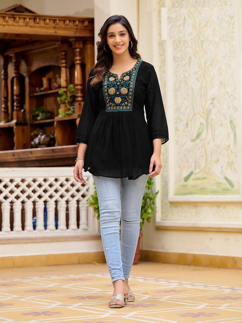 Stylish Embroidery Work Short Tops for Office and Regular Wear Black