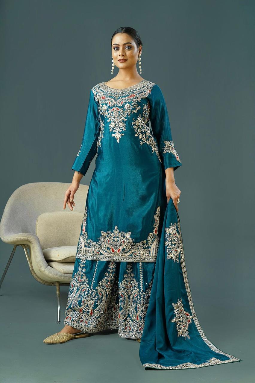 Elegant Pure Chinnon Silk Embroidered Set with Dupatta