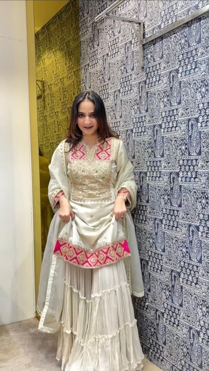 Stunning Pur Vichitra Silk Top Sarara Plazzo Set White