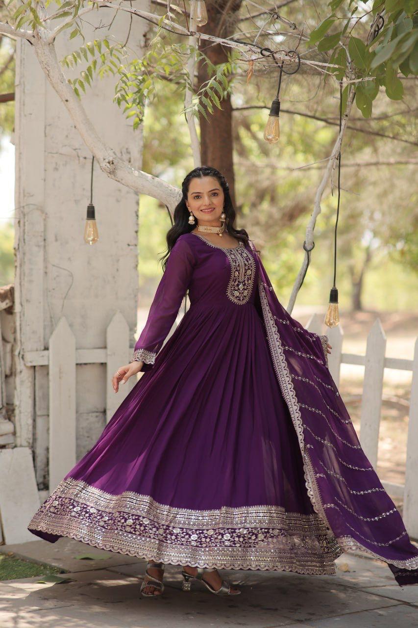 Stunning Faux Blooming Gown with Sequins and Rich Embroidery Purple