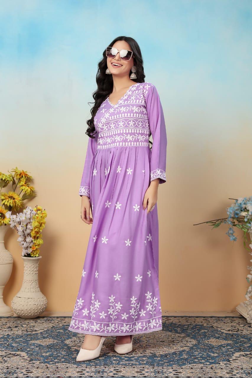 Elegant Premium Heavy Rayon Outfit with Chikankari Embroidery Purple S