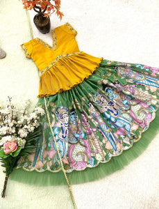 Girls' Yellow Kediya Style Lehenga Set | Embroidered Chinon Silk | 2-15 Years | Trendbuy