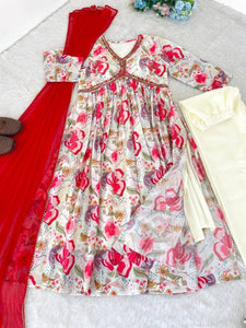 Aliya Cut Party Dress Set | Digital Lily Print | Chiffon Dupatta | Red | S-XL (XXL) | Trendbuy