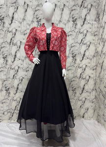 Black Frock Kurti Set with Removable Ajrak Overcoat | Georgette Kurti | S-3XL | Trendbuy