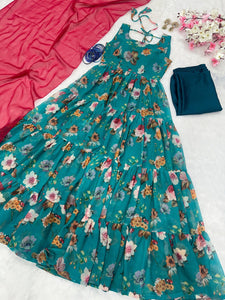 Georgette Digital Print Floral Anarkali Suit | 8mtr Flair | Blue | Sizes 34-42 | Trendbuy