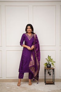 Viscose Chanderi Kurti Set | Sequence Embroidery & Jacquard Dupatta | Purple | S, M, L, XL, XXL | Trendbuy