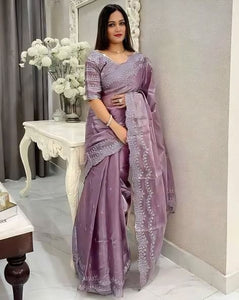 Zimmy Choo Satin Saree | Sequence Zari & Aarco Border | Stitched Blouse | Lilac, Purple, White, Blue, Pink, Black | Trendbuy