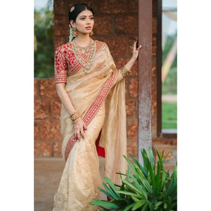 Designer Sequins Saree | Soft Organza | Embroidery & Dori Work | Cream/Champagne Gold | Trendbuy