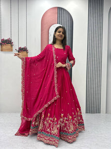 Embroidered Chinon Gown with Dupatta | Pink | Sizes M-2XL | Trendbuy