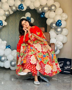 TREND BUY Red Cotton & Chanderi Kurti | Floral Print