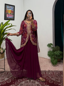 Elegant Printed Faux Georgette Koti, Lehenga & Dupatta Set | Pink, Red | L, XXL | TREND BUY