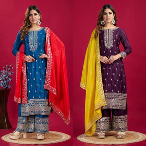 Premium Embroidered Chinon Silk Kurti Pant Set with Dupatta - Elegant Royal Blue & Deep Maroon Festive Wear