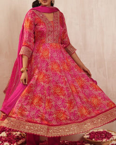 Pink Bandhani Embroidered Suit | Chinnon, Rayon & Chiffon | TREND BUY