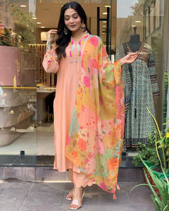 Rayon Slub Embroidered Kurti Set with Printed Dupatta | Peach | S-XXL | TREND BUY