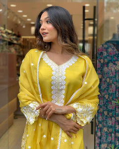 Embroidered Georgette Kurti Set - Yellow with Chanderi Bottom & Georgette Dupatta | S-XXL | TREND BUY