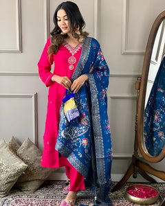 Embroidered Viscose Chanderi Kurti Set with Jacquard Dupatta | Gajri & Pink | S-XXL | TREND BUY