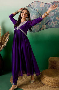 Embroidered Georgette Kurti Set with Printed Tebby Dupatta | Blue | S-XXL | TREND BUY