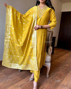 Embroidered Viscose Chanderi Kurti Set with Jacquard Dupatta | Onion, Mustard, Purple | S-XXL | TREND BUY