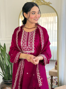 Embroidered CP Vichitra Kurti Set | Pink | S-XXL | TREND BUY