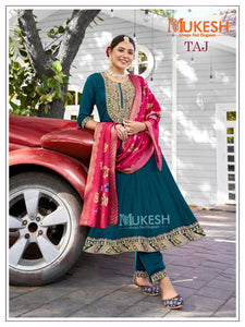 Embroidered Anarkali Gown with Pant & Digital Print Dupatta | Viscose Vichitra Silk | Pink, Maroon, Yellow, Green | TREND BUY