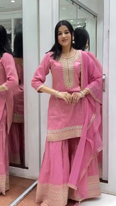 Embroidered Chinnon Silk Top, Sharara & Dupatta Set | Sequence Work | Pink | M-XXL | TREND BUY