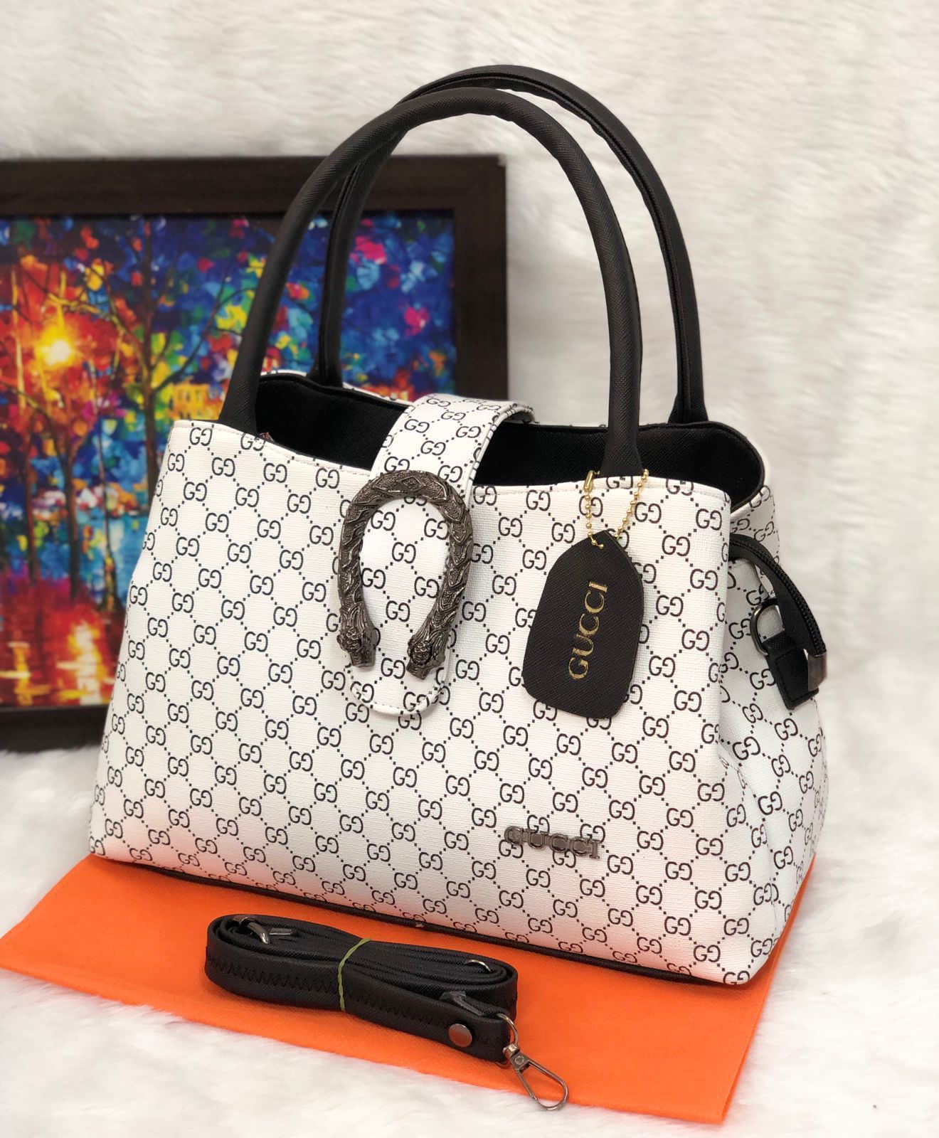 Gucci Handbag - Double Partition PU Vegan Leather Bag (Black, Beige, Brown, Green, White) White
