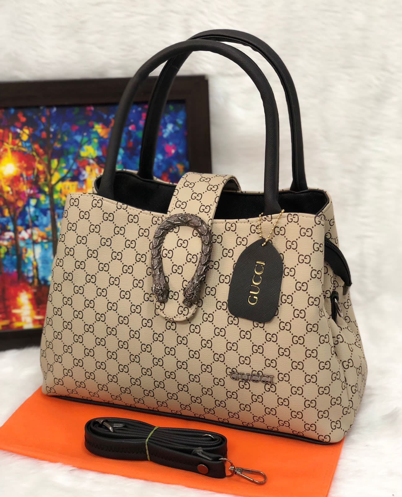 Gucci Handbag - Double Partition PU Vegan Leather Bag (Black, Beige, Brown, Green, White) Green