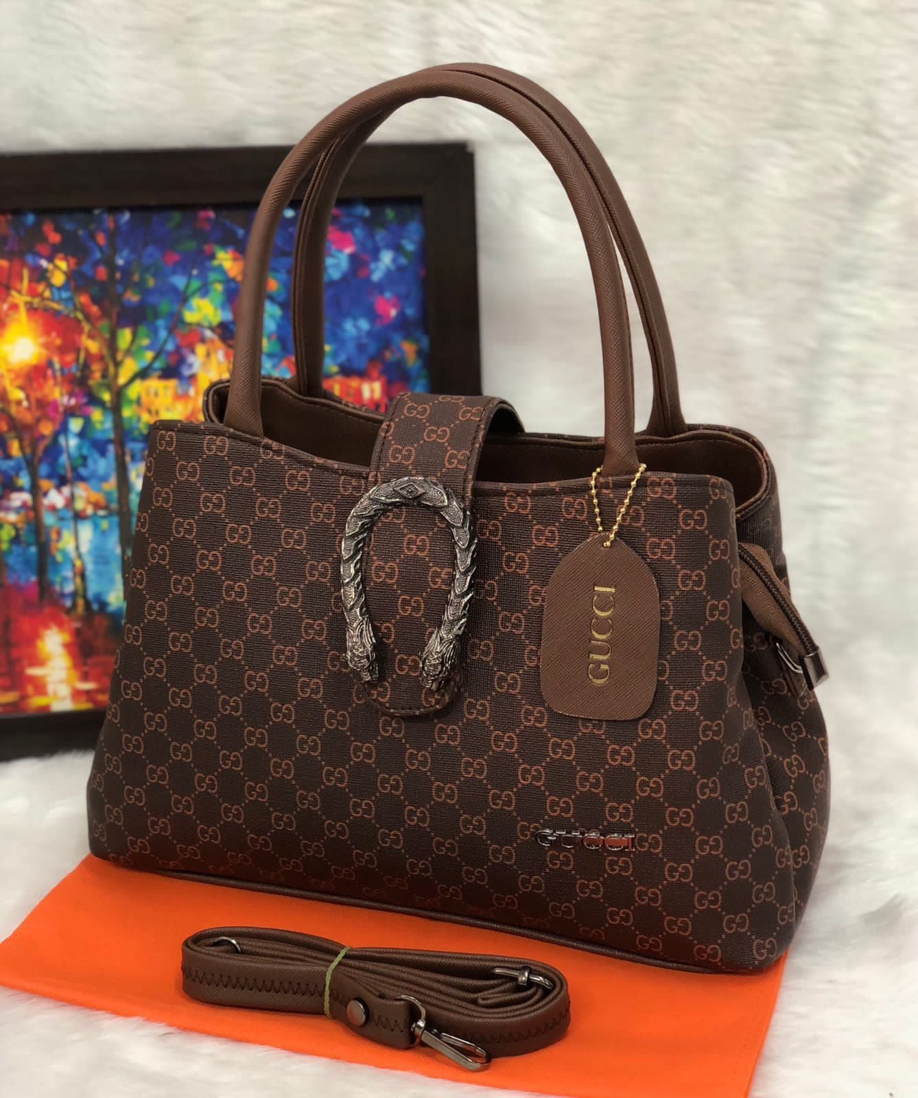 Gucci Handbag - Double Partition PU Vegan Leather Bag (Black, Beige, Brown, Green, White) Brown