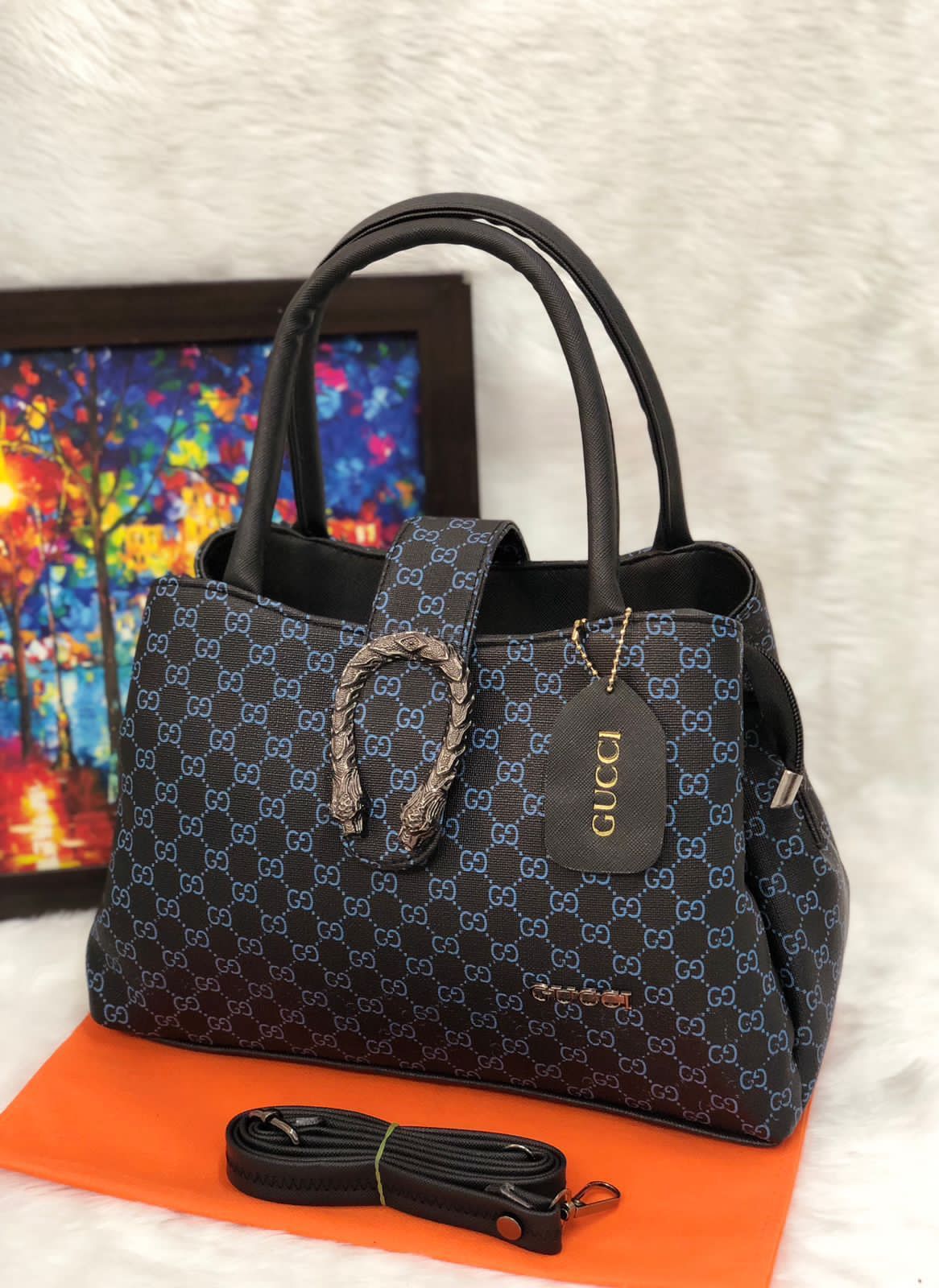Gucci Handbag - Double Partition PU Vegan Leather Bag (Black, Beige, Brown, Green, White) Black