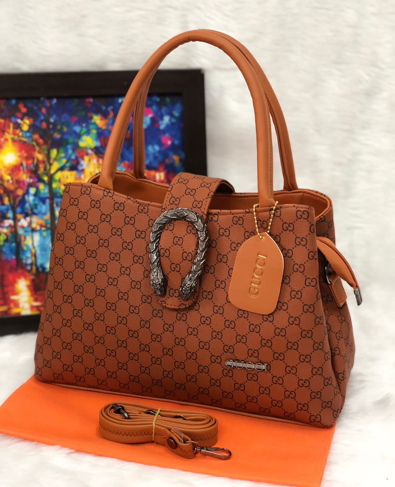 Gucci Handbag - Double Partition PU Vegan Leather Bag (Black, Beige, Brown, Green, White) chocolate brown