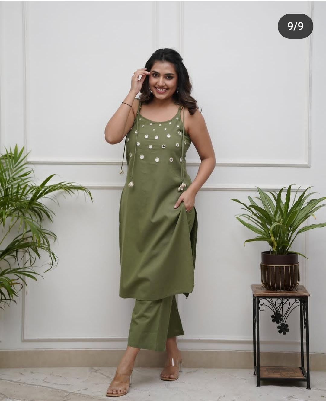 TREND BUY Algae Green Cotton Spaghetti Strap Kurti Pant Set (M-XXL)
