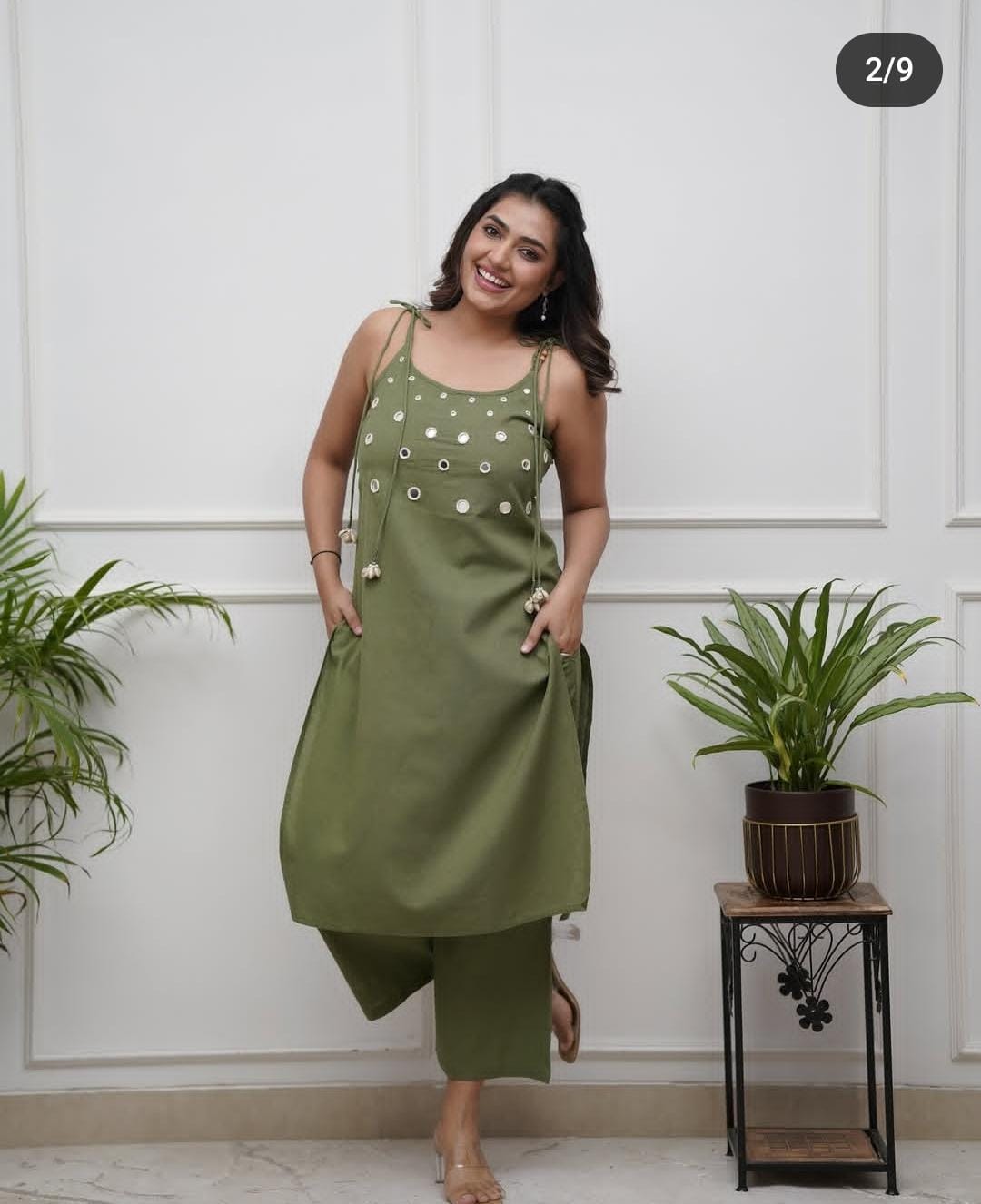 TREND BUY Algae Green Cotton Spaghetti Strap Kurti Pant Set (M-XXL)