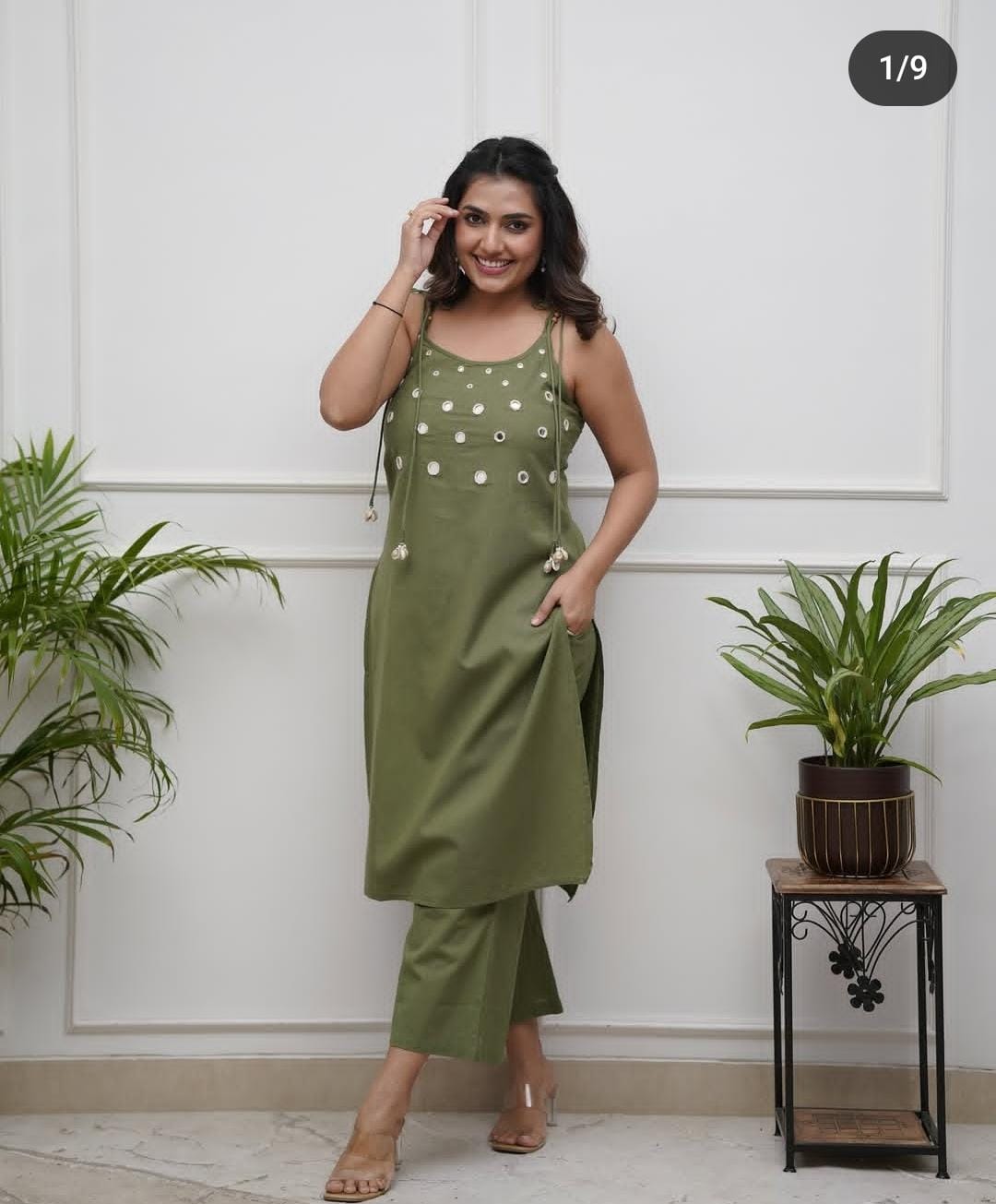 TREND BUY Algae Green Cotton Spaghetti Strap Kurti Pant Set (M-XXL)