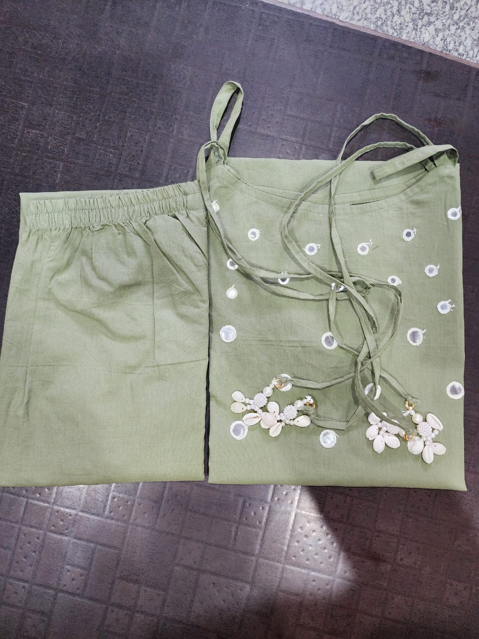 TREND BUY Algae Green Cotton Spaghetti Strap Kurti Pant Set (M-XXL)