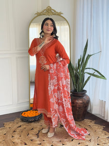 Elegant Embroidered Viscose Rayon Kurti with Pant & Chinon Dupatta Set - Orange & Pink, FASHION FOR YOU
