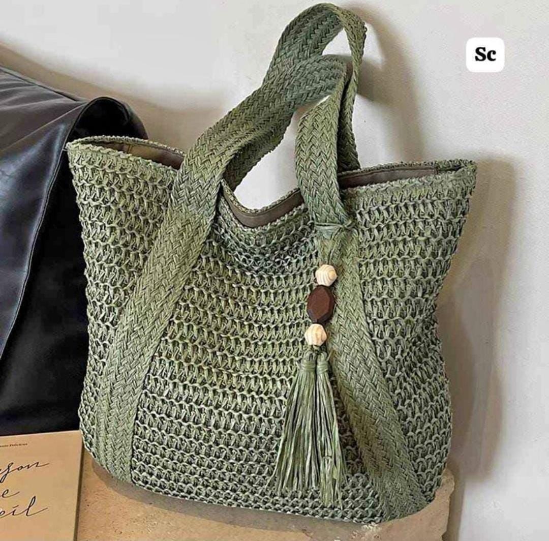Japanese-Inspired Jute Bag (Green/White/Brown) with Single Partition - TREND BUY Algae green
