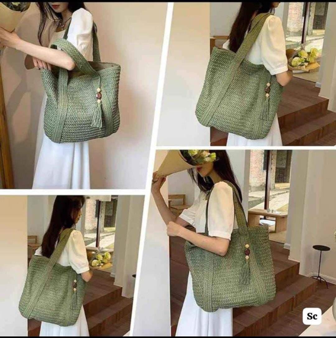 Japanese-Inspired Jute Bag (Green/White/Brown) with Single Partition - TREND BUY