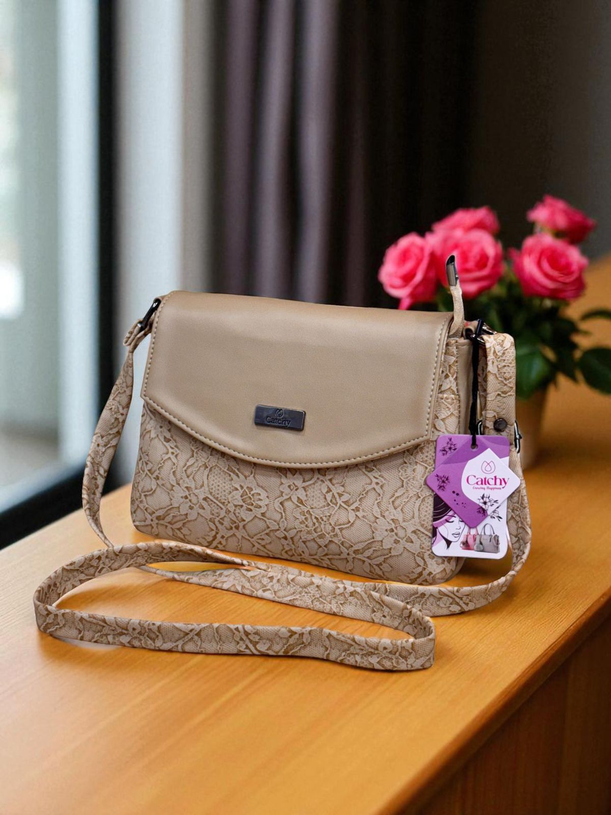 The sophisticated beige lace crossbody bag, perfect for brunch dates