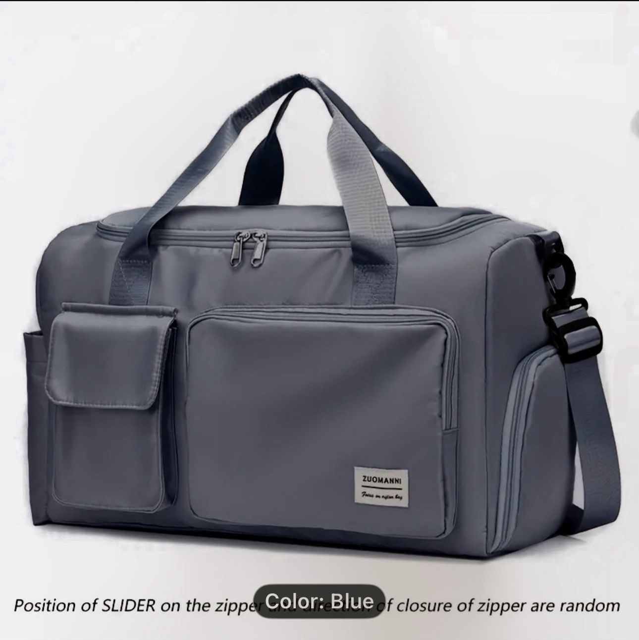 Gray duffel bag with a visible brand label on a light gray background