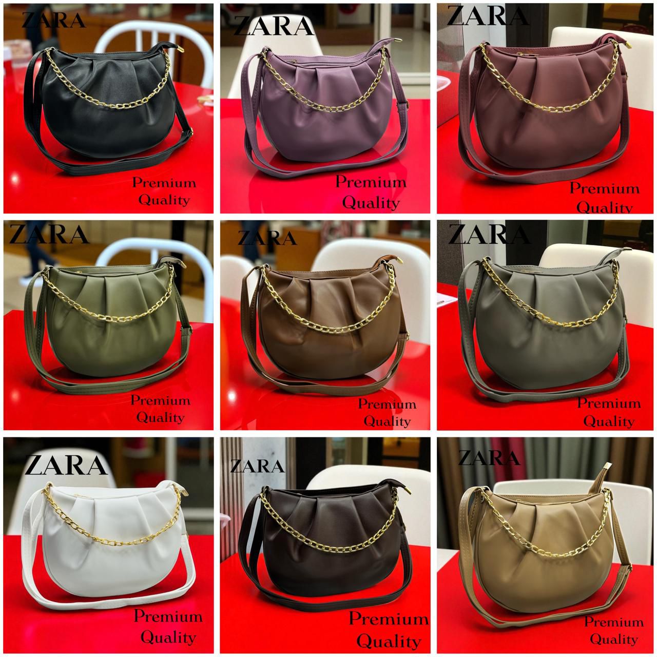 The collection of nine ruched sling bags in various colors including black, purple, green, brown, and white