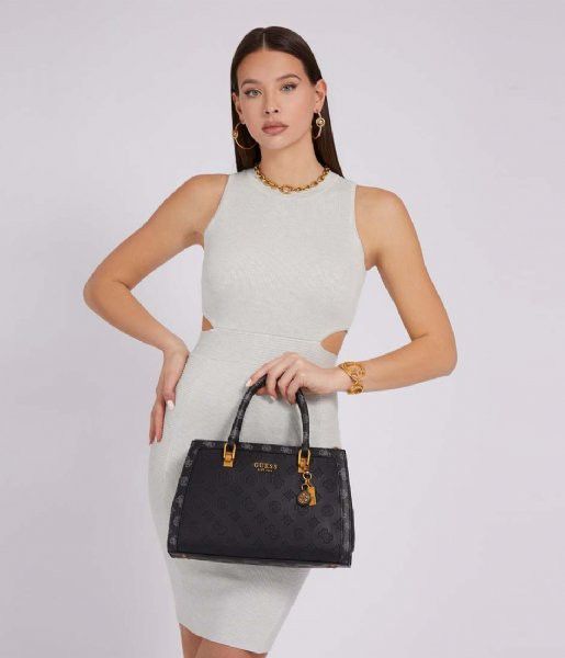 A classic black and grey monogram Abey Elite satchel shown with its branded dust bag