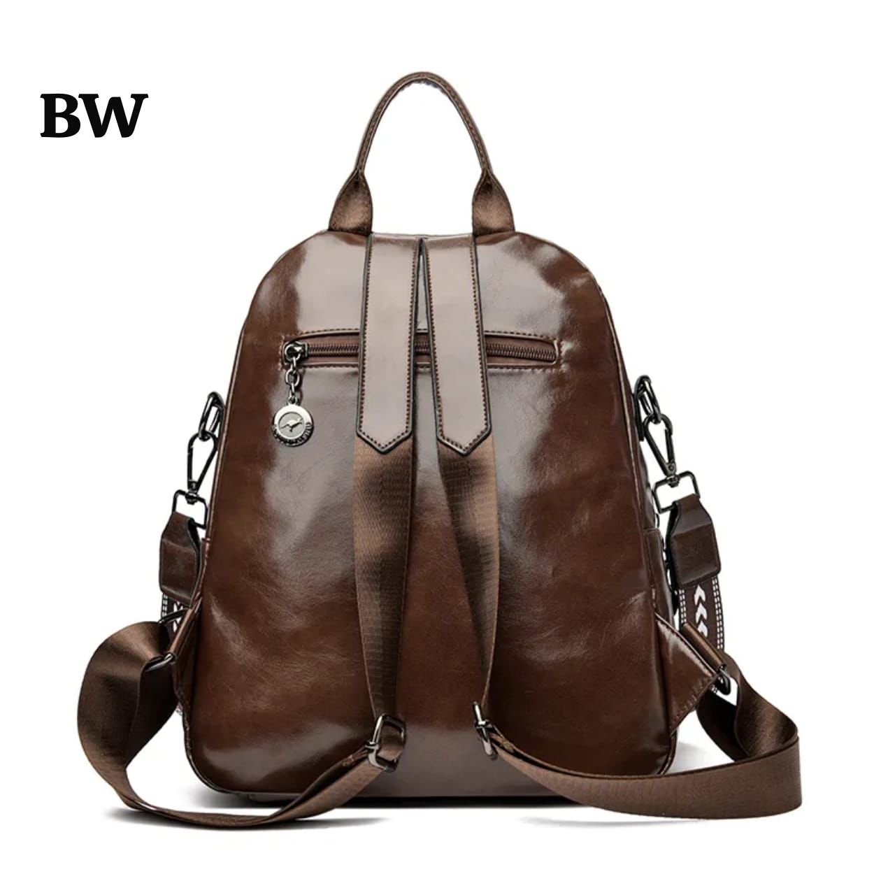 Brown leather backpack on a white background
